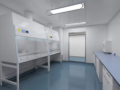 Modern Laboratory Interior With White Fume Hoods Blue Flooring White Walls And Cabinets 3d model