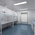Modern Laboratory Interior With White Fume Hoods Blue Flooring White Walls And Cabinets
