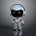 3D Shiny Silver Robot Character With Headphones And Big Eyes On Reflective Surface