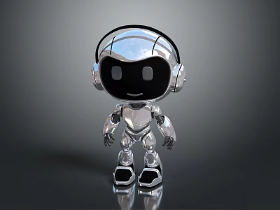 3D Shiny Silver Robot Character With Headphones And Big Eyes On Reflective Surface 3d model