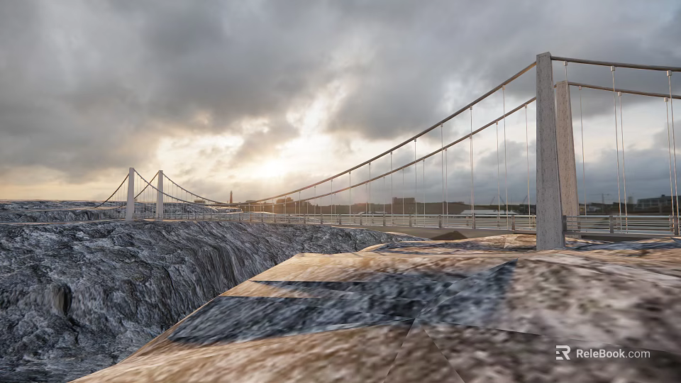 Suspension Bridge With Steel Cables Spanning Canyon Terrain Under Cloudy Sunset Sky 3d model 