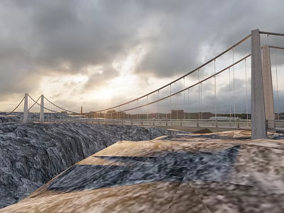 Suspension Bridge With Steel Cables Spanning Canyon Terrain Under Cloudy Sunset Sky 3d model