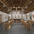 Modern Retail Shop Interior With Wooden Beam Ceiling White Display Counters Shelves And Hanging Lights