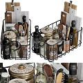 Organized Kitchen Utensils Storage Rack With Cooking Tools Spice Bottles And Jars 3d model