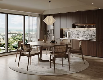Quiet Chinese and Ancient Style Home Restaurant Open Kitchen Round Dining Table and Chair Rattan Dining Chair Chandelier Solid Wood Cabinet Wine Cabinet Sideboard Kitchen Supplies Vase Ornaments 3d model