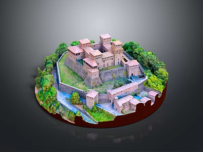 Detailed Castle Model Architecture With Towers Walls Green Trees And Garden 3d model