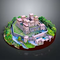Detailed Castle Model Architecture With Towers Walls Green Trees And Garden