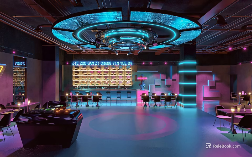 Modern Bar Interior Design With Neon Lighting Bar Counter And Stylish Seating Area 3d model 