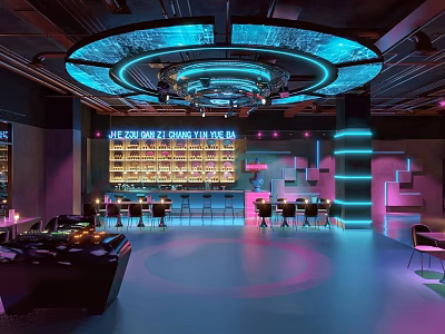 Modern Bar Interior Design With Neon Lighting Bar Counter And Stylish Seating Area 3d model