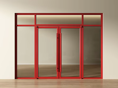 Red Double Doors With Glass Panels In Modern Interior Wooden Floor Setting 3d model