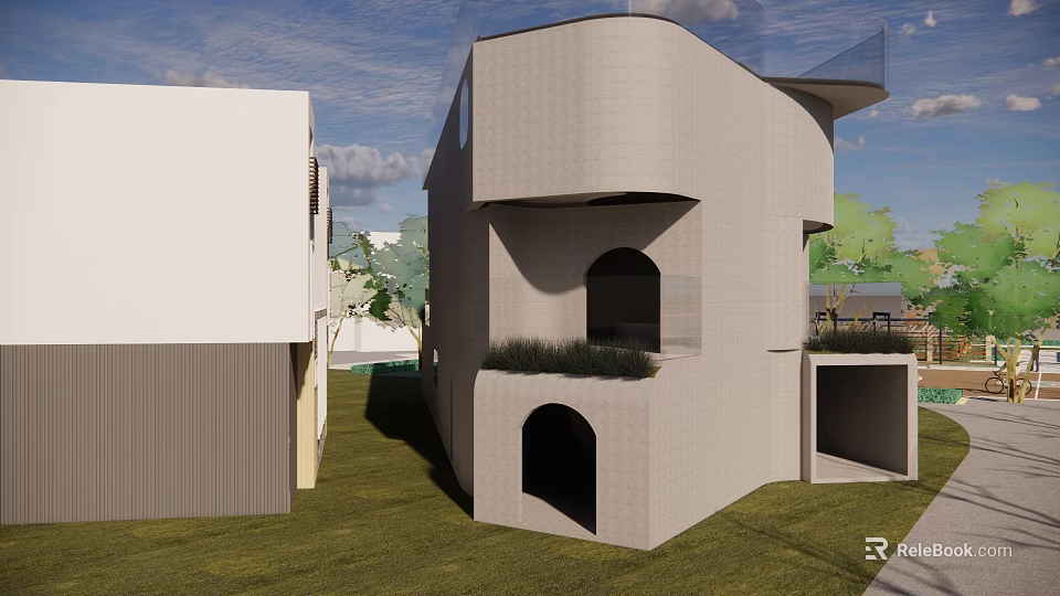 Modern Architectural Building Featuring Unique Curved Design Light Exterior Arched Openings And Lawn Area 3d model 