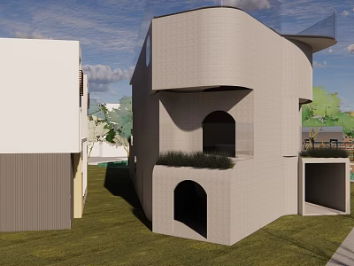 Modern Architectural Building Featuring Unique Curved Design Light Exterior Arched Openings And Lawn Area 3d model