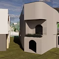 Modern Architectural Building Featuring Unique Curved Design Light Exterior Arched Openings And Lawn Area