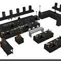 Commercial Kitchen Layout With Stainless Steel Workstations Multiple Hoods And Appliances