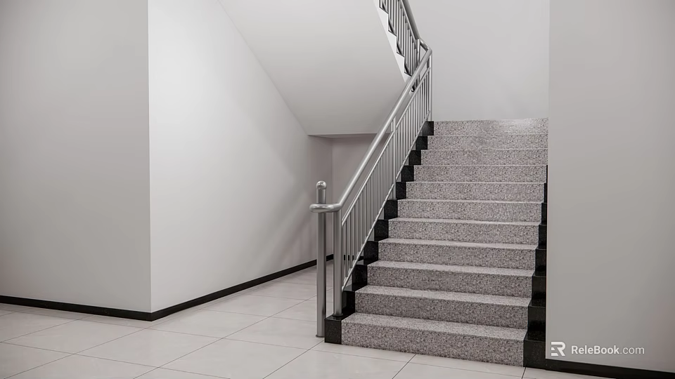 Modern Indoor Staircase With Granite Steps Metal Handrail White Walls And Tiled Floor 3d model 