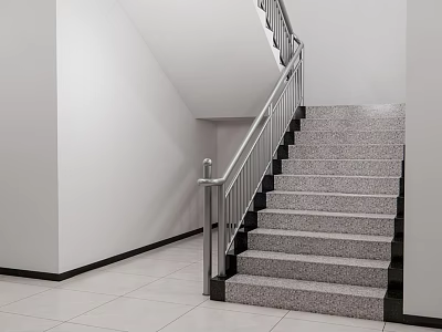 Modern Indoor Staircase With Granite Steps Metal Handrail White Walls And Tiled Floor 3d model