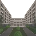 Symmetrical Multi Story White School Building With Central Courtyard Greenery Pathways And Students