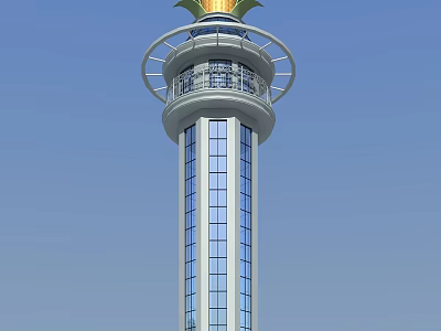 Modern Tower With Glass Curtain Wall Circular Observation Deck And Golden Top Under Blue Sky 3d model