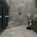 Modern Dessert Shop With Grey Doll Display Case Flower Bouquet Arched Window And Grey Wall
