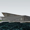 Modern Geometric Waterfront Building With Glass Curtain Wall Blue Sky And Water Surface