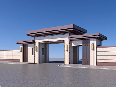 Modern Chinese Style Entrance Gate With Stone Walls And Decorative Roof Design 3d model