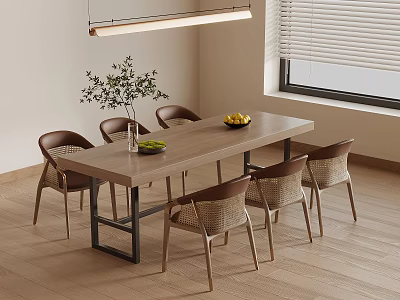 Minimalist Wooden Dining Table Set With Six Wicker Chairs Fruit Bowl And Potted Plant 3d model