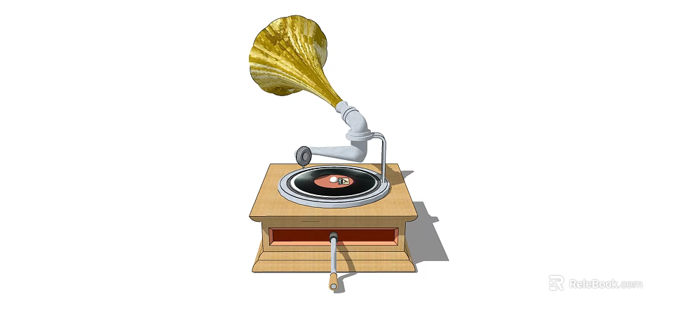 Vintage Gramophone Headphone Speaker With Golden Horn Wooden Base And Vinyl Record 3d model 