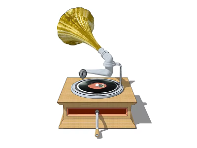 Vintage Gramophone Headphone Speaker With Golden Horn Wooden Base And Vinyl Record 3d model