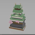 Block Built Japanese Tower Building With Green Roof And Pink Cherry Blossom Decorations