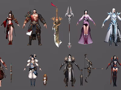 Fantasy Game and Movie Characters Featuring Detailed Warrior Mage Archer Costumes and Weapons 3d model