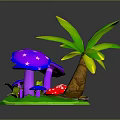 3D Model Scene with Purple Star Pattern Mushrooms Red Mushrooms Palm Tree and Green Grass