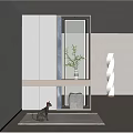 Modern Entryway Hallway Design With White Storage Cabinets Green Plant And Floor Lamp