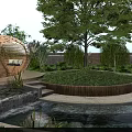 Tranquil Courtyard Garden Design Featuring Circular Lawn Wooden Fence Small Waterfall Pond And Lush Greenery