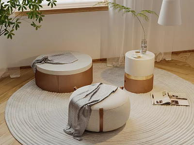 Round Upholstered Stools with Wooden Base in Cozy Living Room by Window Plants and Rug 3d model