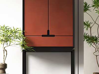 Modern Red Entryway Side Cabinet With Black Frame And Green Potted Plants 3d model