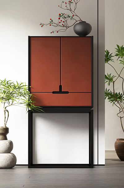 Modern Red Entryway Side Cabinet With Black Frame And Green Potted Plants 3d model