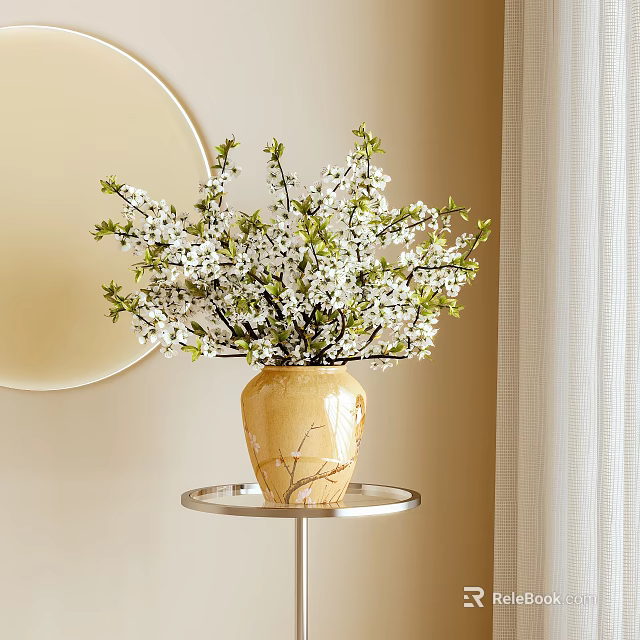Yellow Cracked Ceramic Vase with White Small Flowers Green Branches on Silver Round Side Table 3d model 
