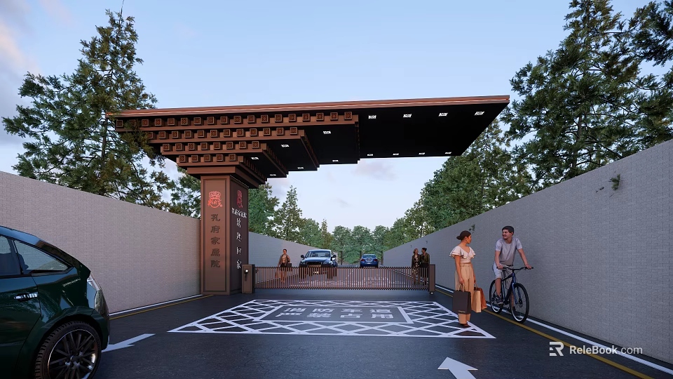 Traditional Chinese Entrance Gate With Architectural Eaves Geometric Pavement And Trees 3d model 