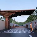 Traditional Chinese Entrance Gate With Architectural Eaves Geometric Pavement And Trees