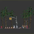 Miniature Crossroad Scene With Traffic Lights Pine Trees Bench Fire Hydrants And Zebra Crossing