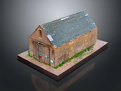 Cartoon Scene Of Old Barn With Gray Roof Red Door And Grass Around Black Base 3d model