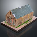 Cartoon Scene Of Old Barn With Gray Roof Red Door And Grass Around Black Base