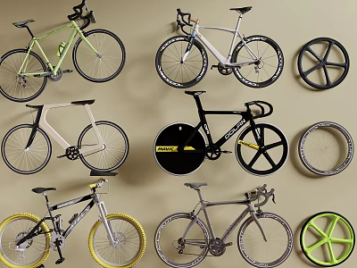 Various Types of Bicycles Including Road and Mountain Styles with Displayed Wheels 3d model
