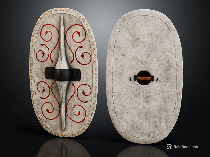 Decorative Shields With Red Spiral Patterns Grayish White Surface And Black Strap 3d model 
