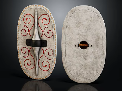 Decorative Shields With Red Spiral Patterns Grayish White Surface And Black Strap 3d model
