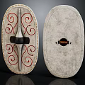 Decorative Shields With Red Spiral Patterns Grayish White Surface And Black Strap 3d model