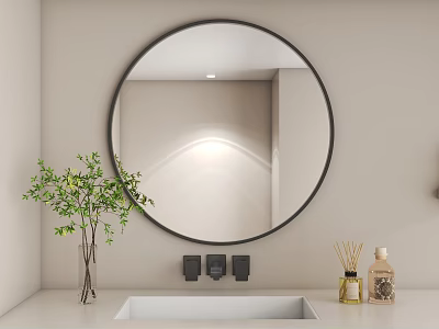 Round Mirror In Minimalist Bathroom With Sink And Greenery 3d model