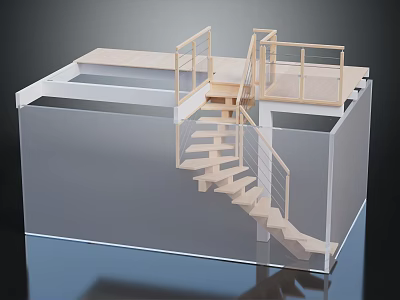 Architectural Interior Model With Wooden Staircase Glass Railings And Landing Platform 3d model