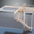 Architectural Interior Model With Wooden Staircase Glass Railings And Landing Platform
