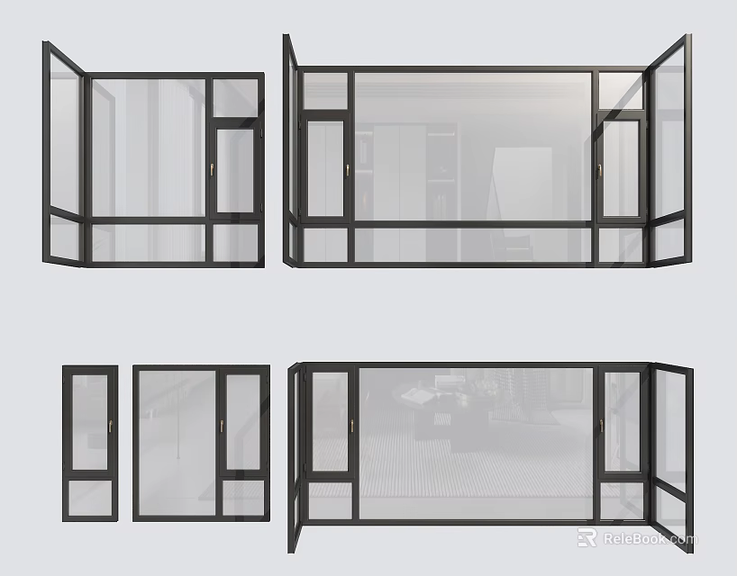 Stylish Floor to Ceiling Windows With Black Frames And Clear Glass Panels 3d model